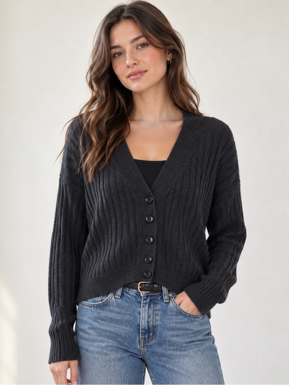 Sanctuary Ribbed V Neck Button Cardigan Black Women’s Medium